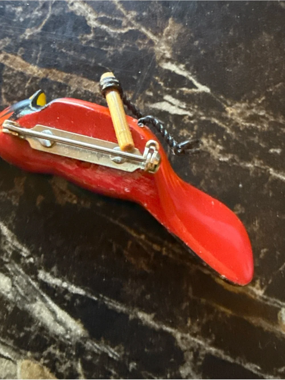 Red Cardinal Bird Perched Brooch/Pin- Hand Painted, Bright Red, Wood.  antique